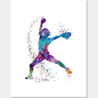 Girl Baseball Pitcher Colorful Watercolor Posters and Art